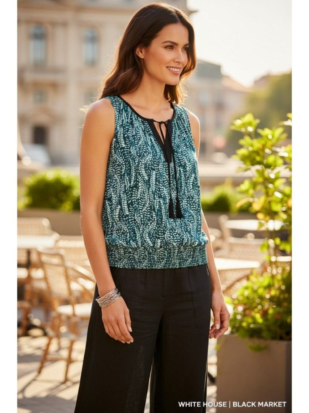 White House Black Market Sleeveless Tie-Front Top Leaf Print Size M